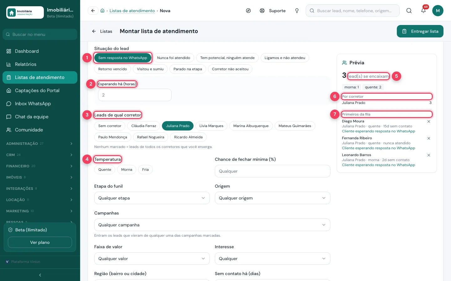 Quem entra na lista com situação Sem resposta no WhatsApp, esperando há, leads de qual corretor, temperatura e prévia com contagem, por corretor e primeiros da fila marcados