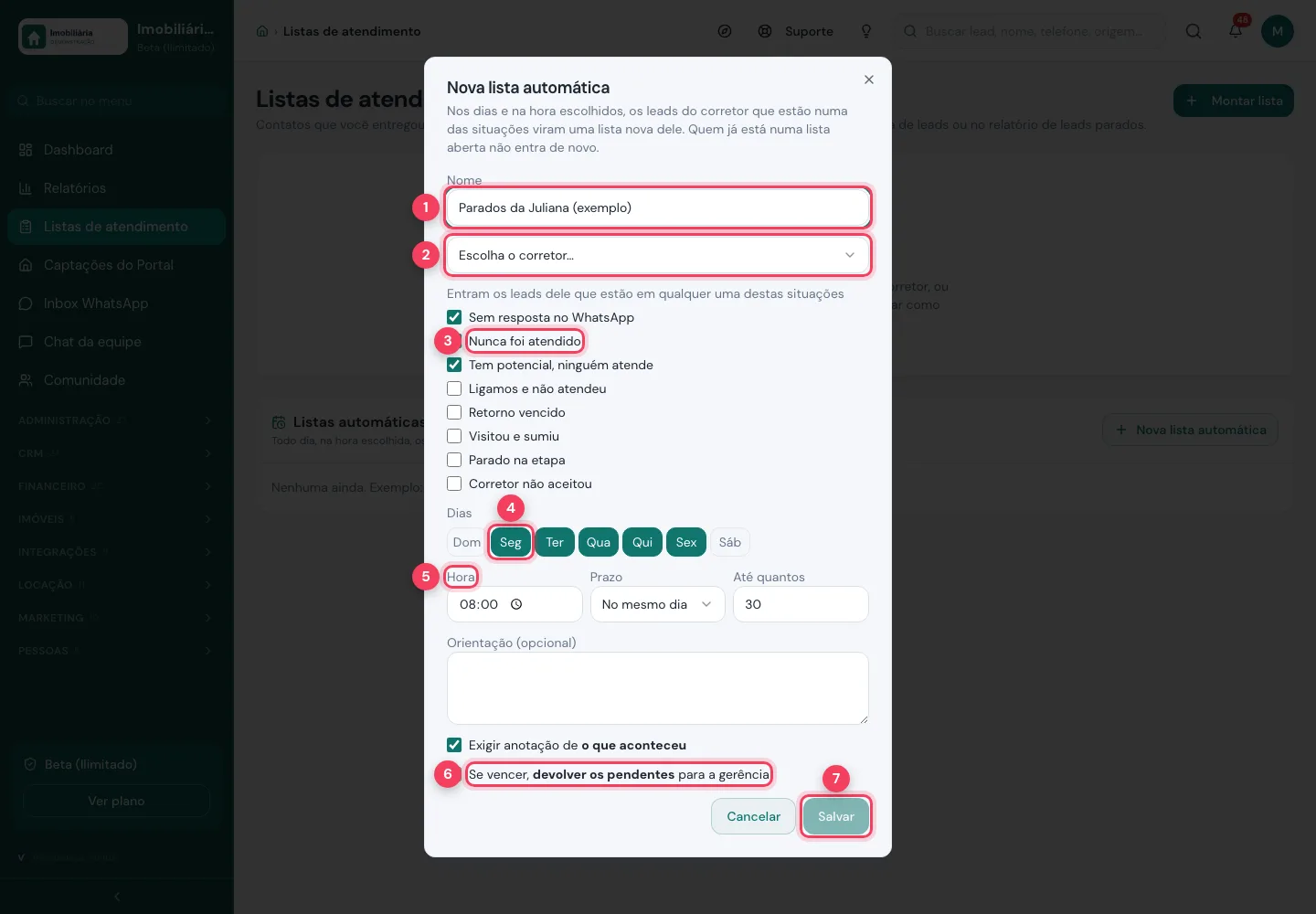 Janela Nova lista automática com nome, corretor, situações, dias, hora, devolver pendentes e Salvar marcados
