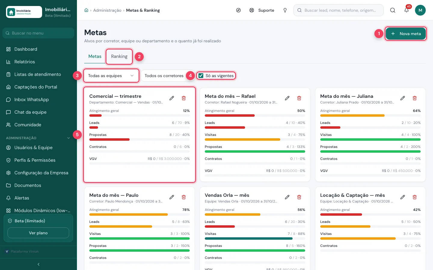 Tela Metas com o botão Nova meta, a aba Ranking, os filtros e um cartão de meta marcados