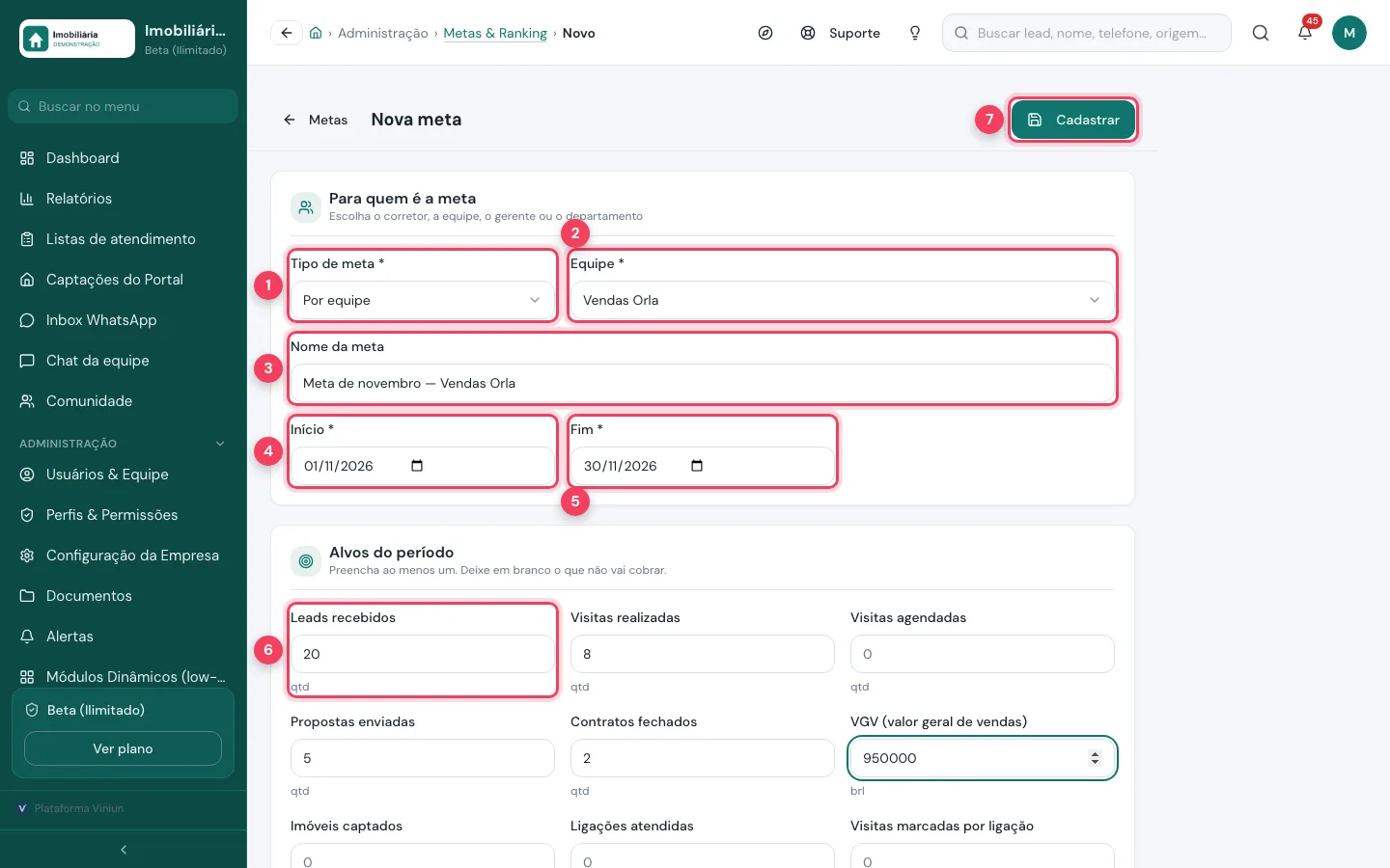 Formulário Nova meta com tipo de meta, equipe, nome, início, fim, o alvo de leads e o botão Cadastrar marcados