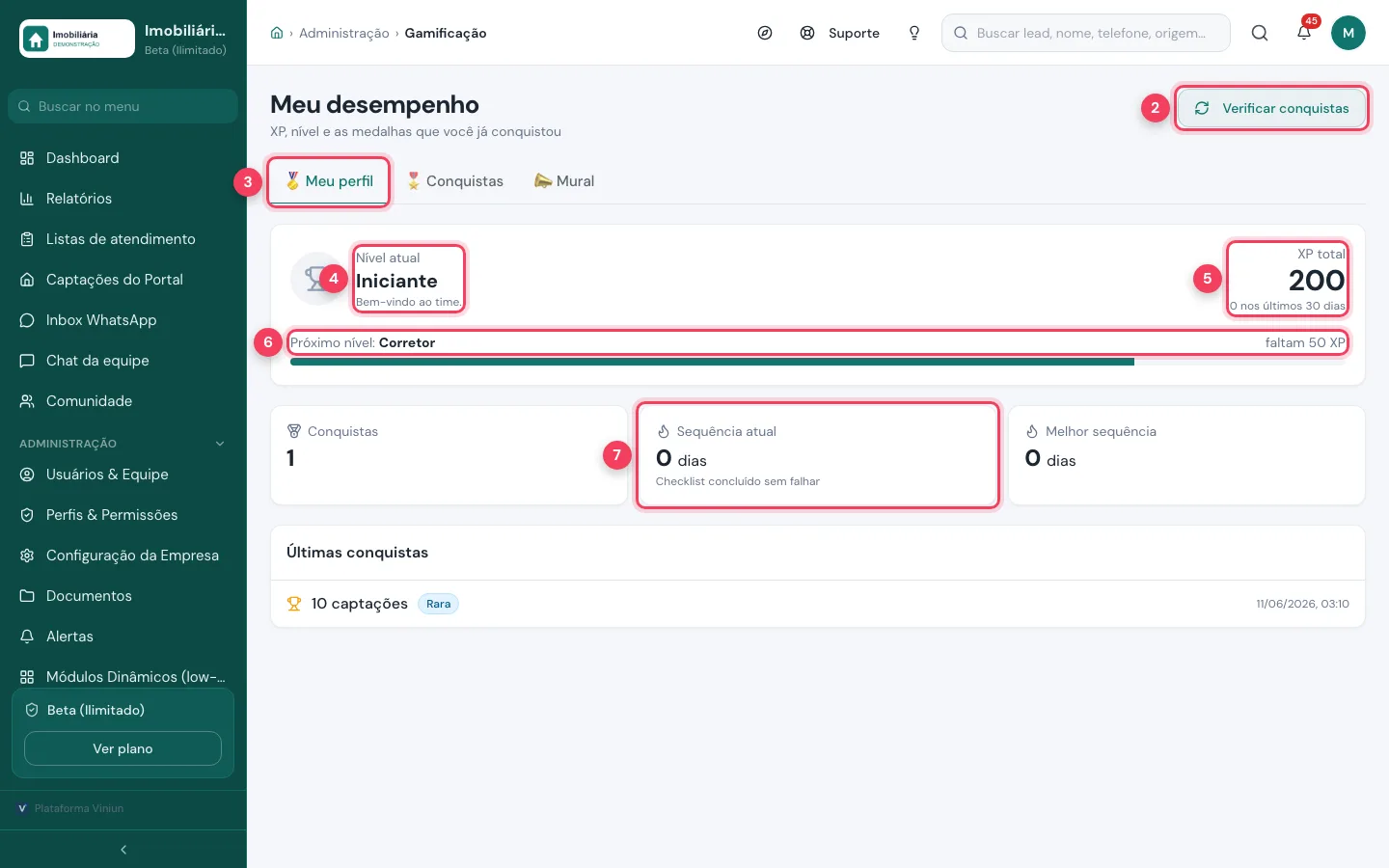 Tela Meu desempenho com o botão Verificar conquistas, a aba Meu perfil, o nível, o XP total, o próximo nível e a sequência marcados