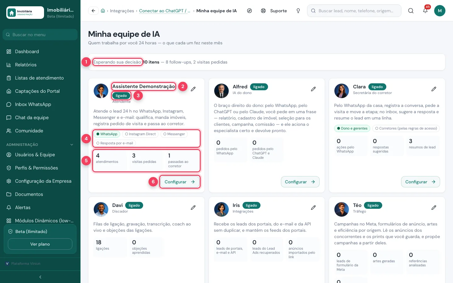 Tela Minha equipe de IA com a faixa de decisões e o cartão do atendente