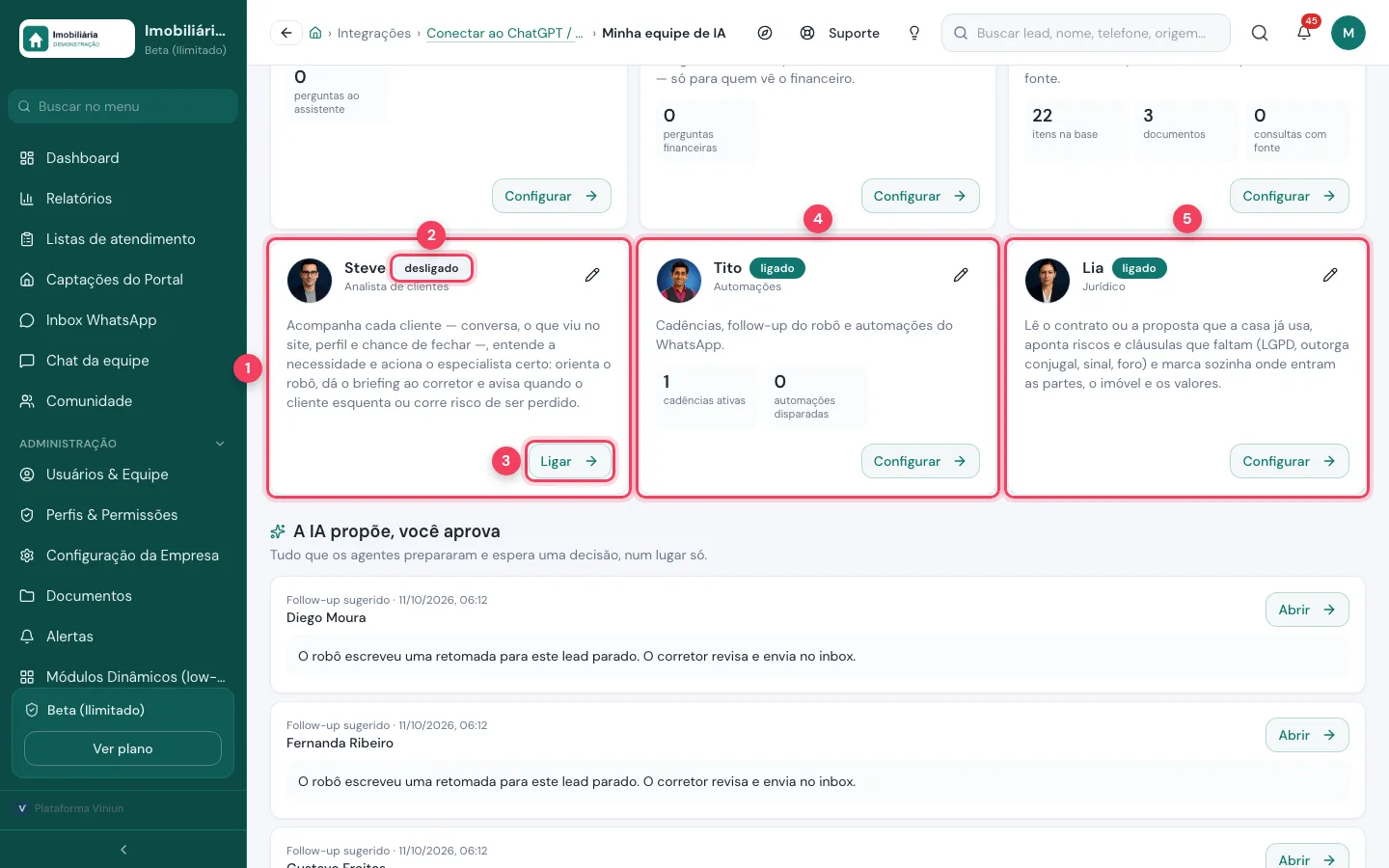 Cartões dos agentes Steve desligado, Tito e Lia ligados, com os botões Ligar e Configurar