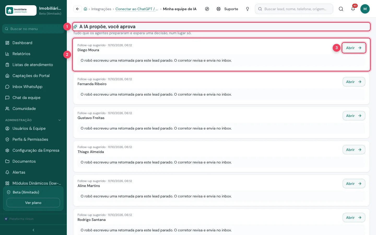 Lista A IA propõe, você aprova com follow-up sugerido e botão Abrir