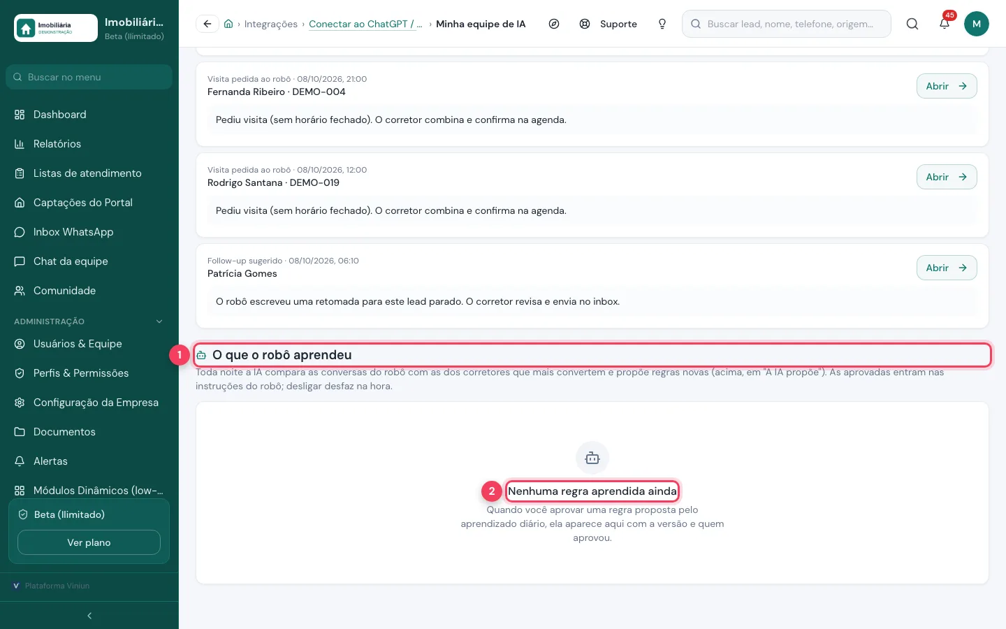 Seção O que o robô aprendeu sem regras aprendidas ainda