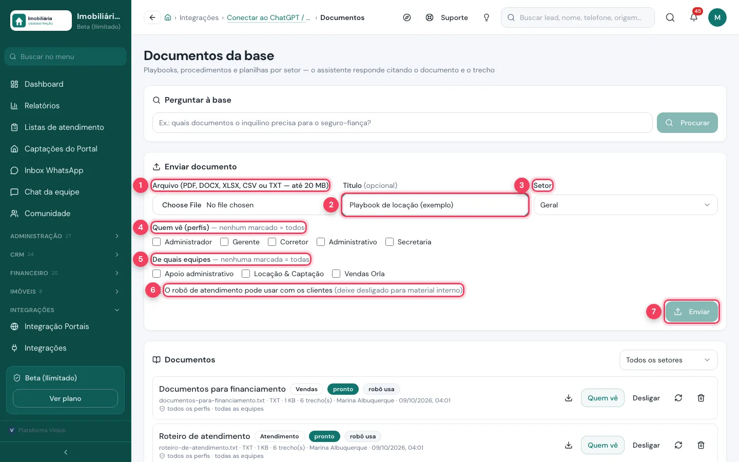 Formulário Enviar documento com arquivo, título, setor, perfis, equipes e uso pelo robô