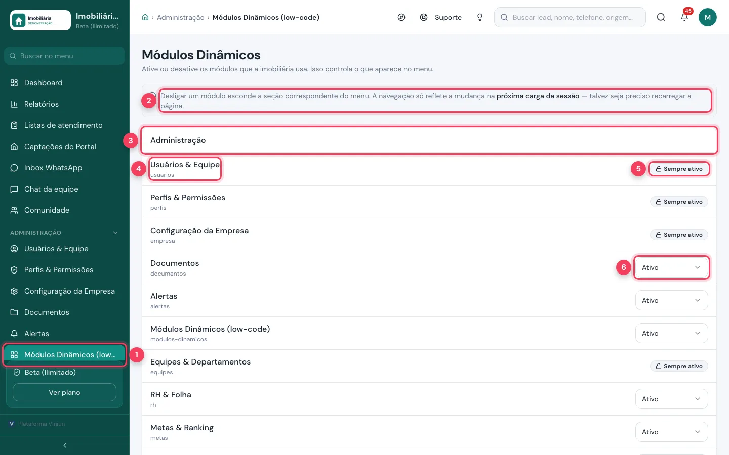 Tela Módulos Dinâmicos com o item do menu, o aviso, o grupo Administração, um módulo, a etiqueta Sempre ativo e o seletor Ativo marcados