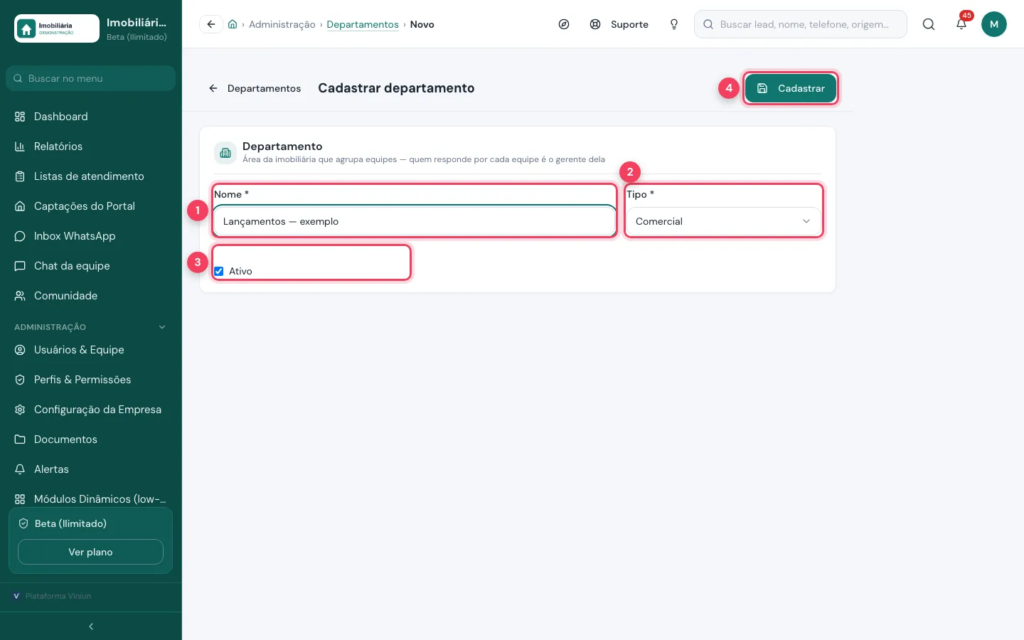 Formulário Cadastrar departamento com nome, tipo, ativo e o botão Cadastrar marcados