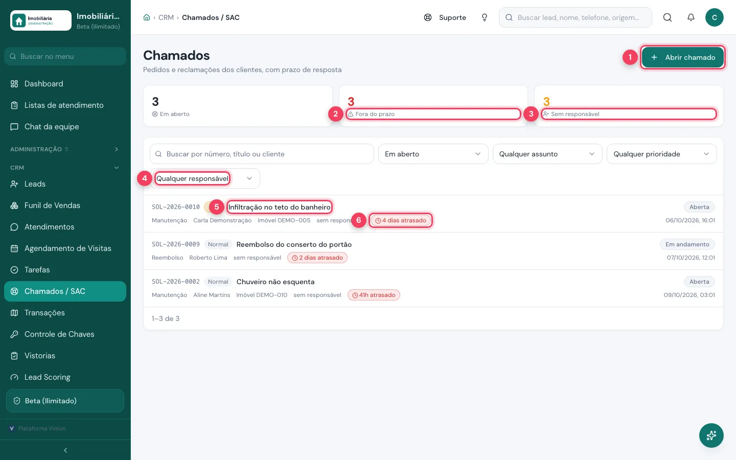 Tela Chamados com o botão Abrir chamado, chamados fora do prazo, sem responsável, filtro de responsável e um chamado atrasado
