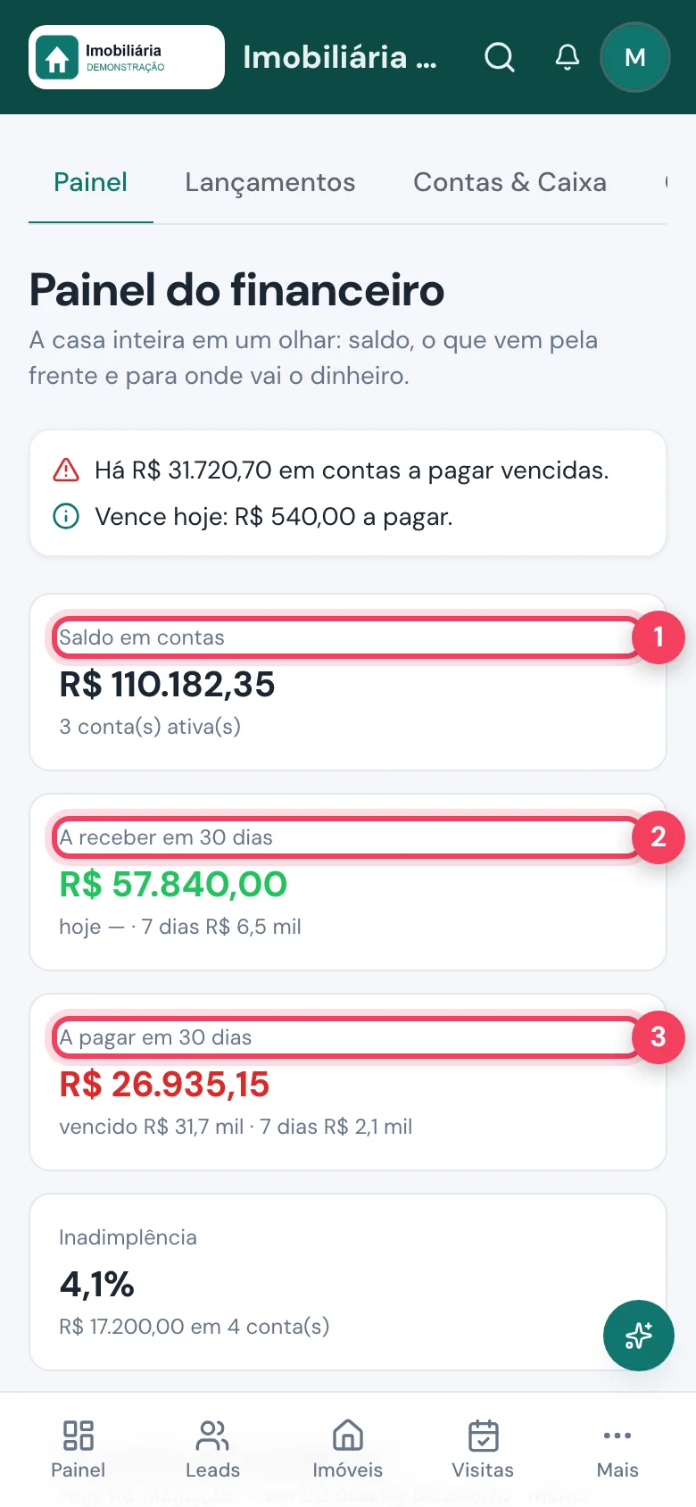 Painel do financeiro no celular com saldo, a receber e a pagar
