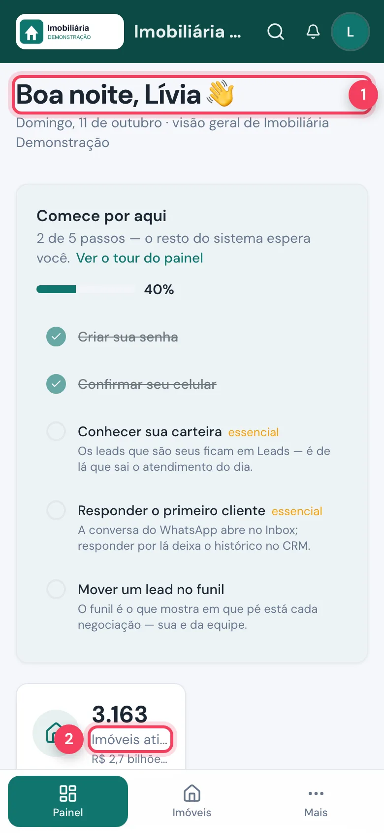 Início do painel do captador no celular com a saudação e o total de imóveis ativos