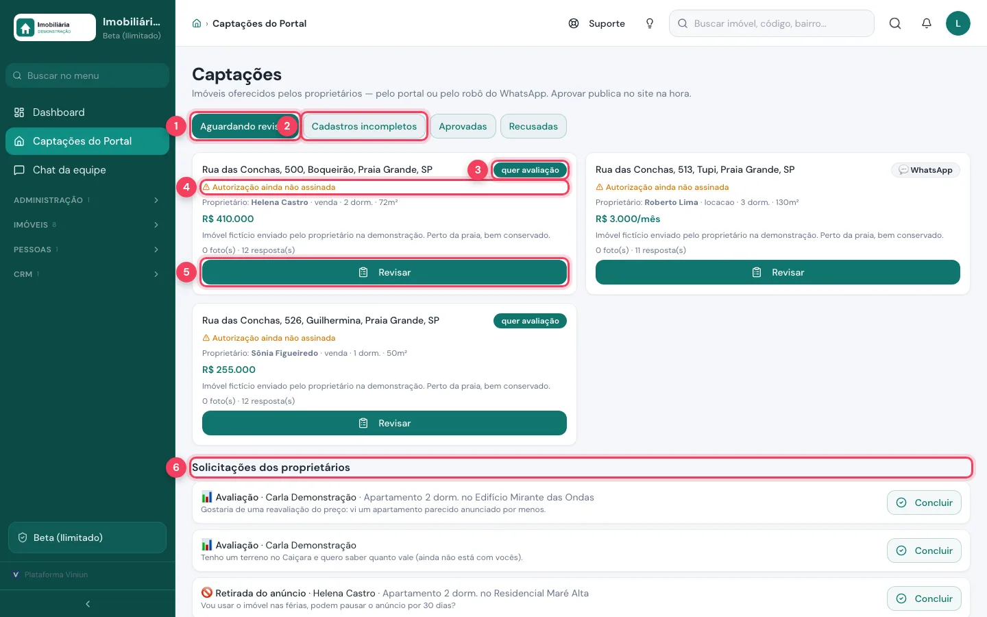 Tela Captações com as abas, o selo quer avaliação, o aviso de autorização não assinada, o botão Revisar e as solicitações dos proprietários