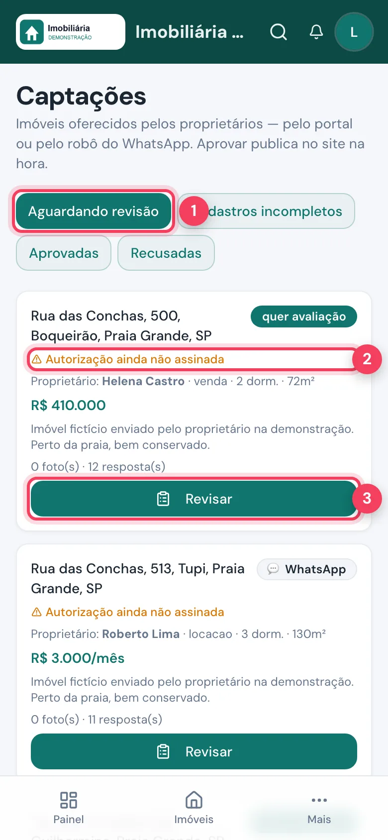 Captações no celular com a aba Aguardando revisão, o aviso de autorização e o botão Revisar