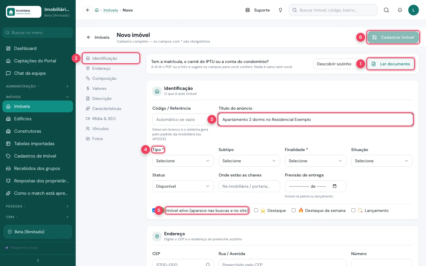 Tela Novo imóvel com o botão Ler documento, as seções, o título do anúncio, o tipo, a opção imóvel ativo e o botão Cadastrar imóvel