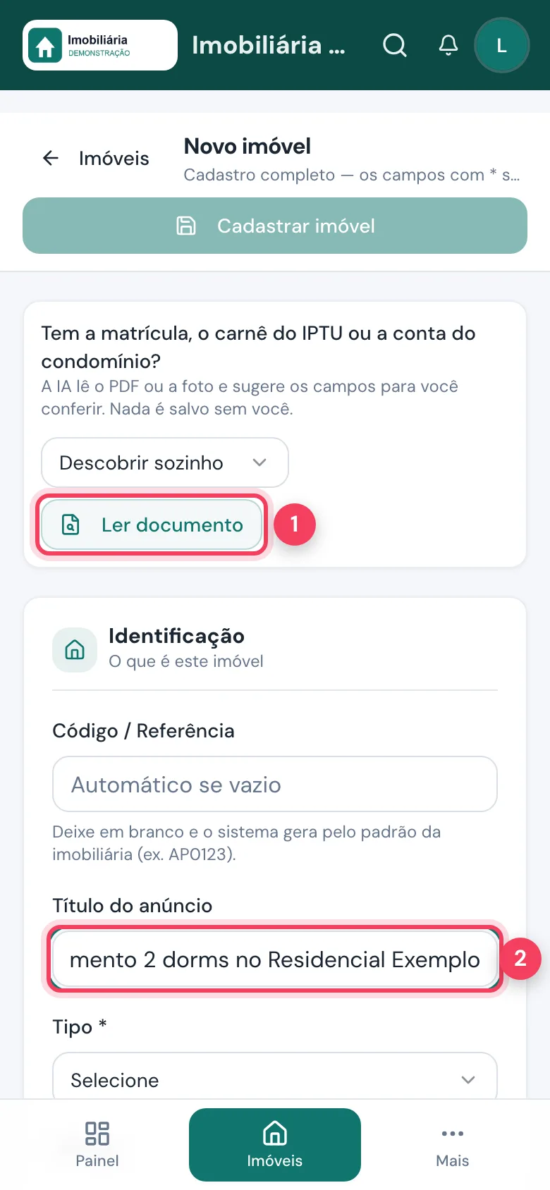 Novo imóvel no celular com o botão Ler documento e o título do anúncio preenchido