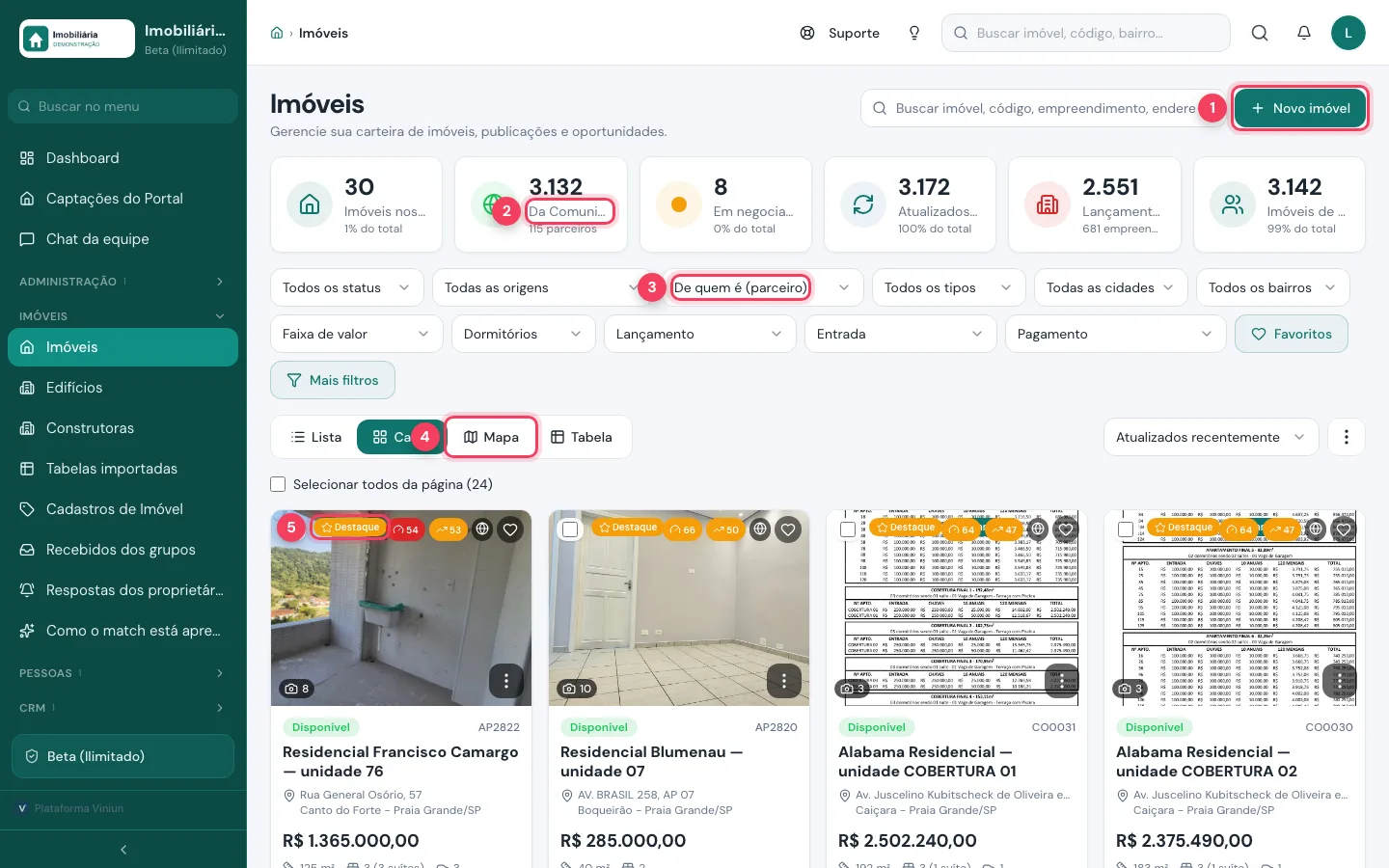 Lista de imóveis do captador com o botão Novo imóvel, o total da Comunidade, o filtro por parceiro, a visão de mapa e um selo de destaque