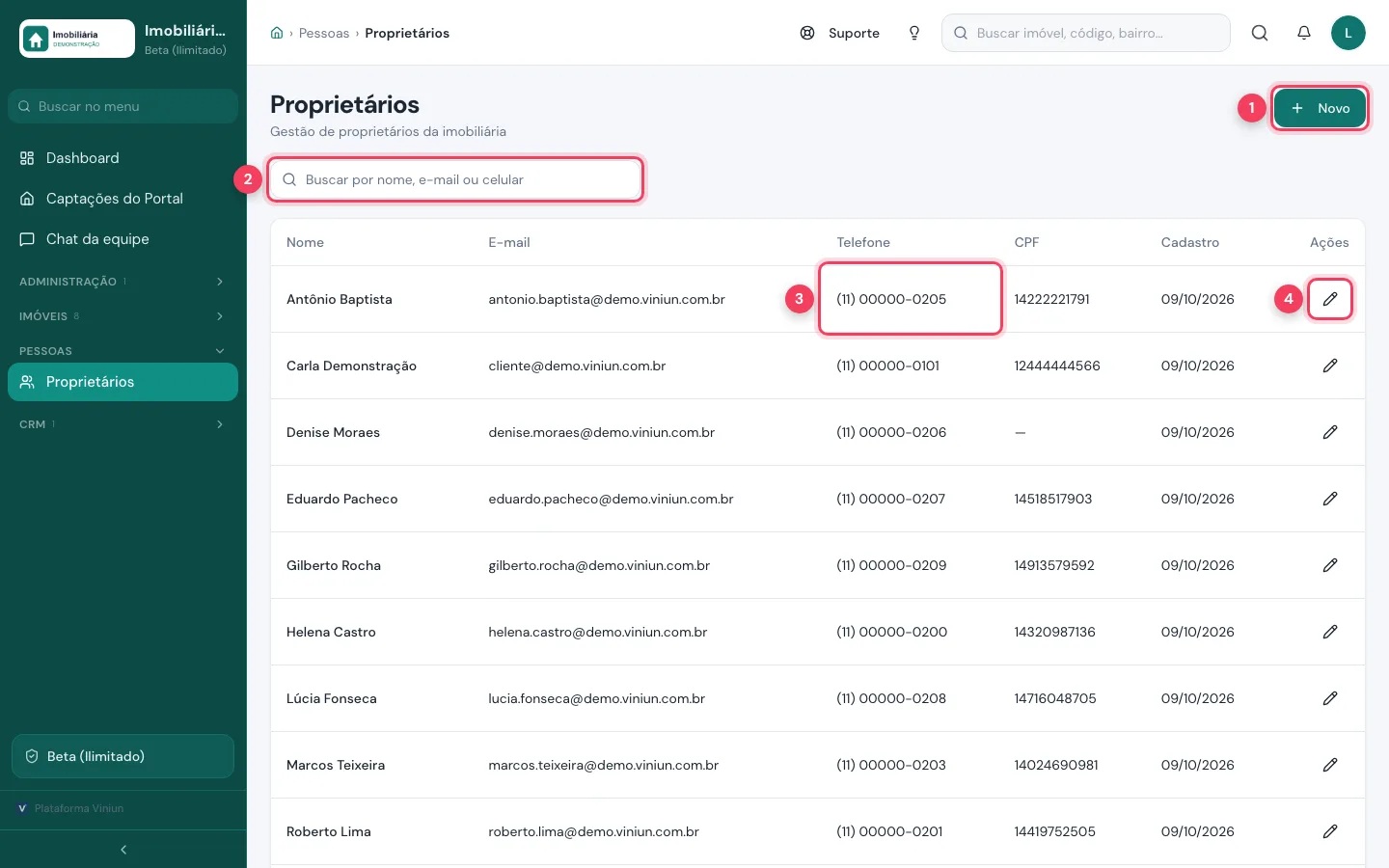 Lista de proprietários com o botão Novo, a busca, o telefone completo e o botão de editar
