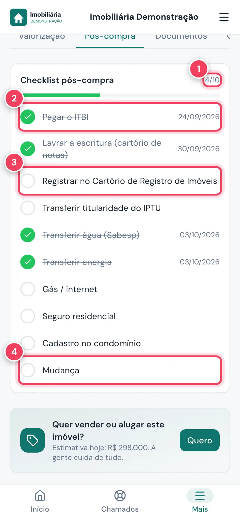 Checklist pós-compra com o contador, um item concluído, um pendente e o item Mudança marcados