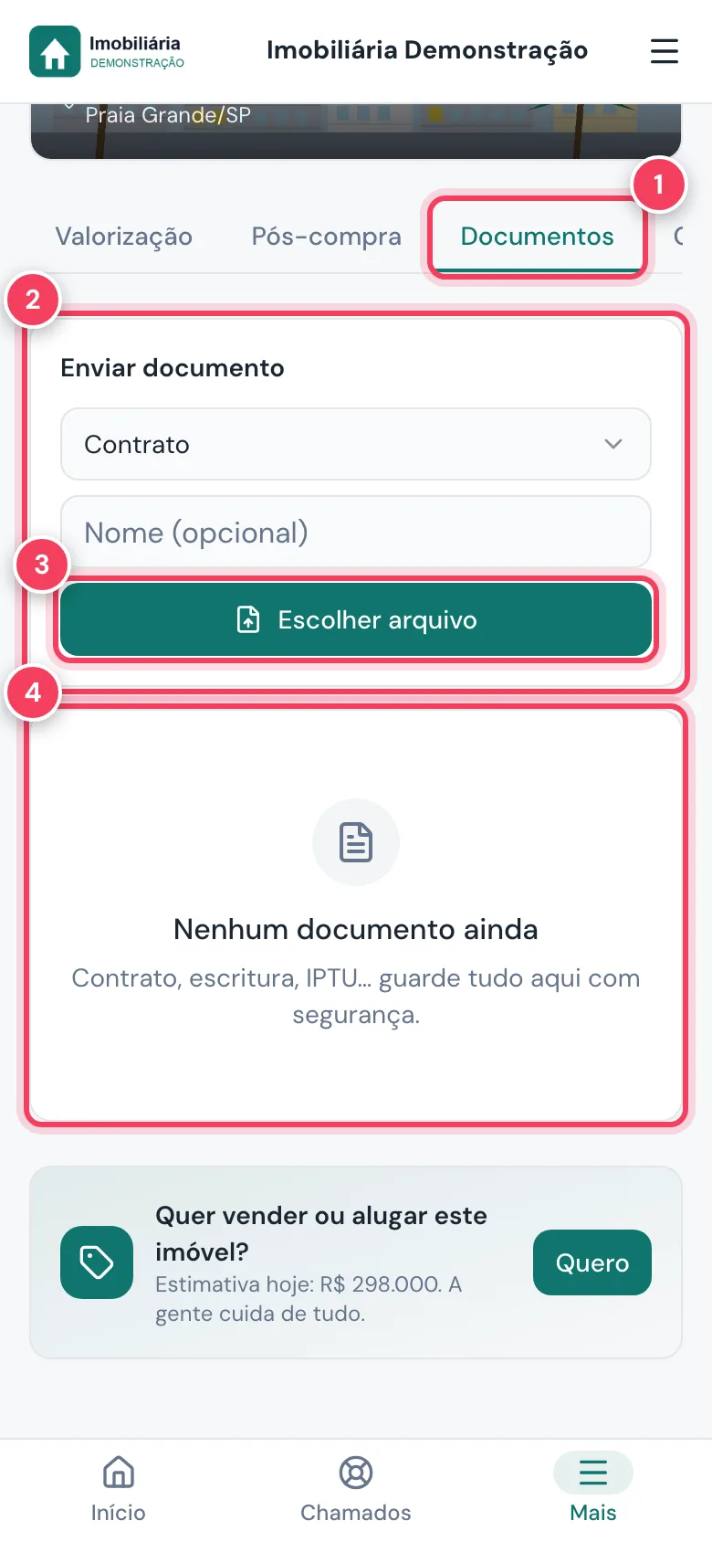 Aba Documentos com Enviar documento, o botão Escolher arquivo e a lista vazia marcados