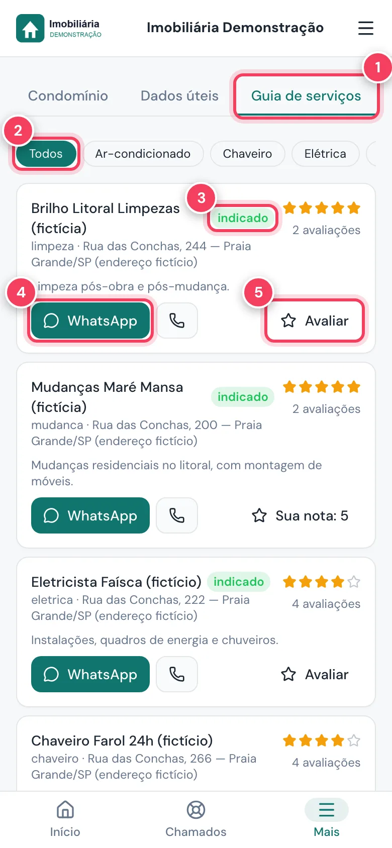 Guia de serviços com a aba, o filtro Todos, o selo indicado, o botão WhatsApp e Avaliar marcados
