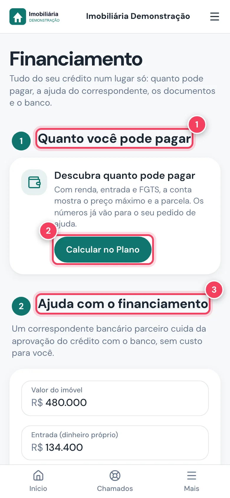 Tela Financiamento com Quanto você pode pagar, Calcular no Plano e Ajuda com o financiamento marcados