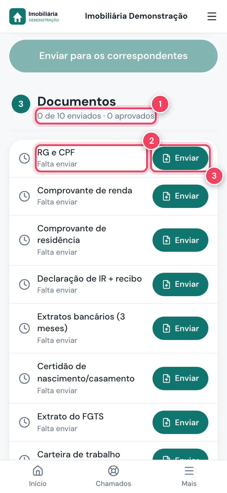 Documentos do financiamento com o total enviado, o RG e CPF e o botão Enviar marcados