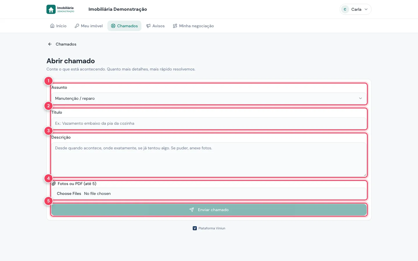 Abrir chamado no computador com assunto, título, descrição, anexos e Enviar chamado marcados