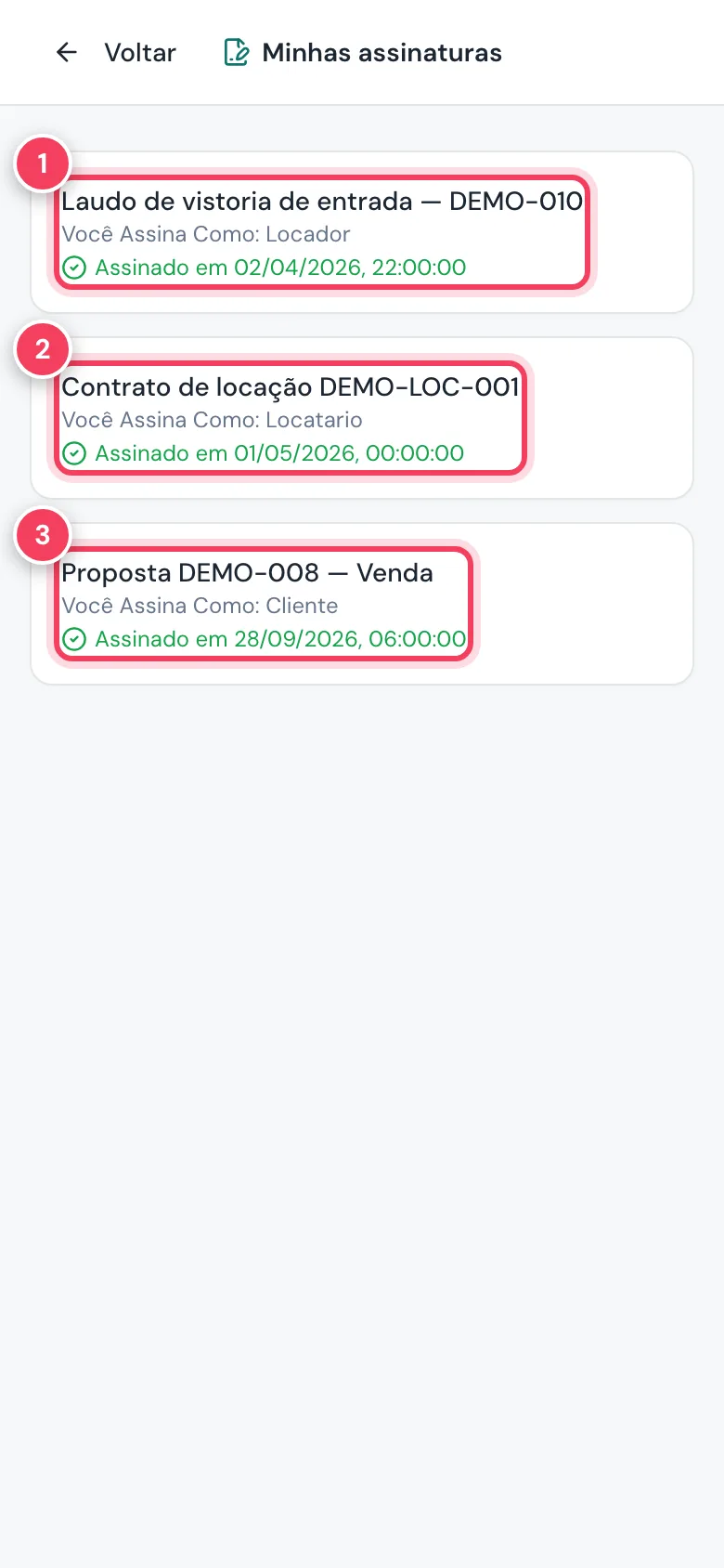 Minhas assinaturas com três documentos assinados marcados
