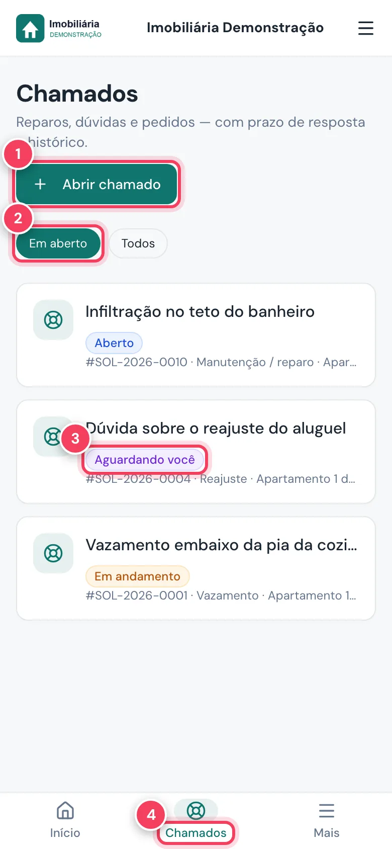 Chamados do cliente com Abrir chamado, o filtro Em aberto, um chamado aguardando o cliente e a aba Chamados marcados