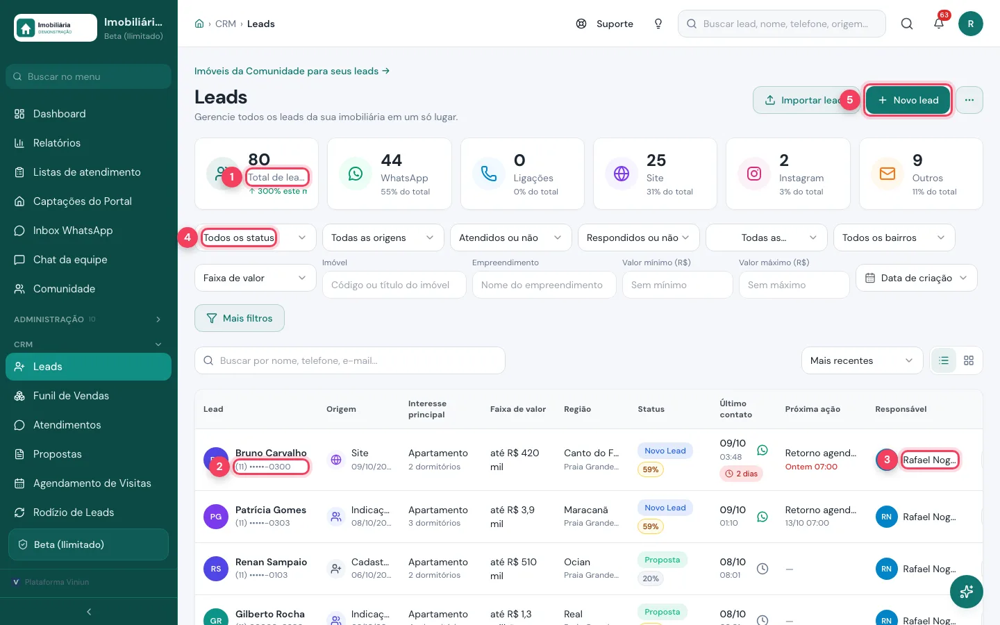 Lista de leads do corretor com total de leads, telefone mascarado, responsável e filtros marcados