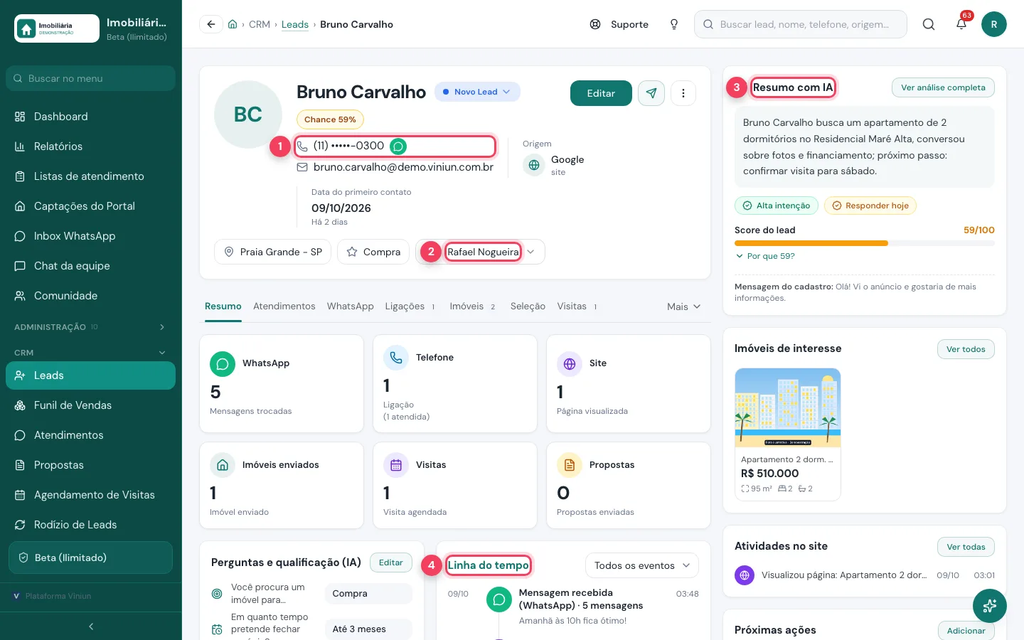 Ficha do lead vista pelo corretor com telefone mascarado, responsável, resumo com IA e linha do tempo