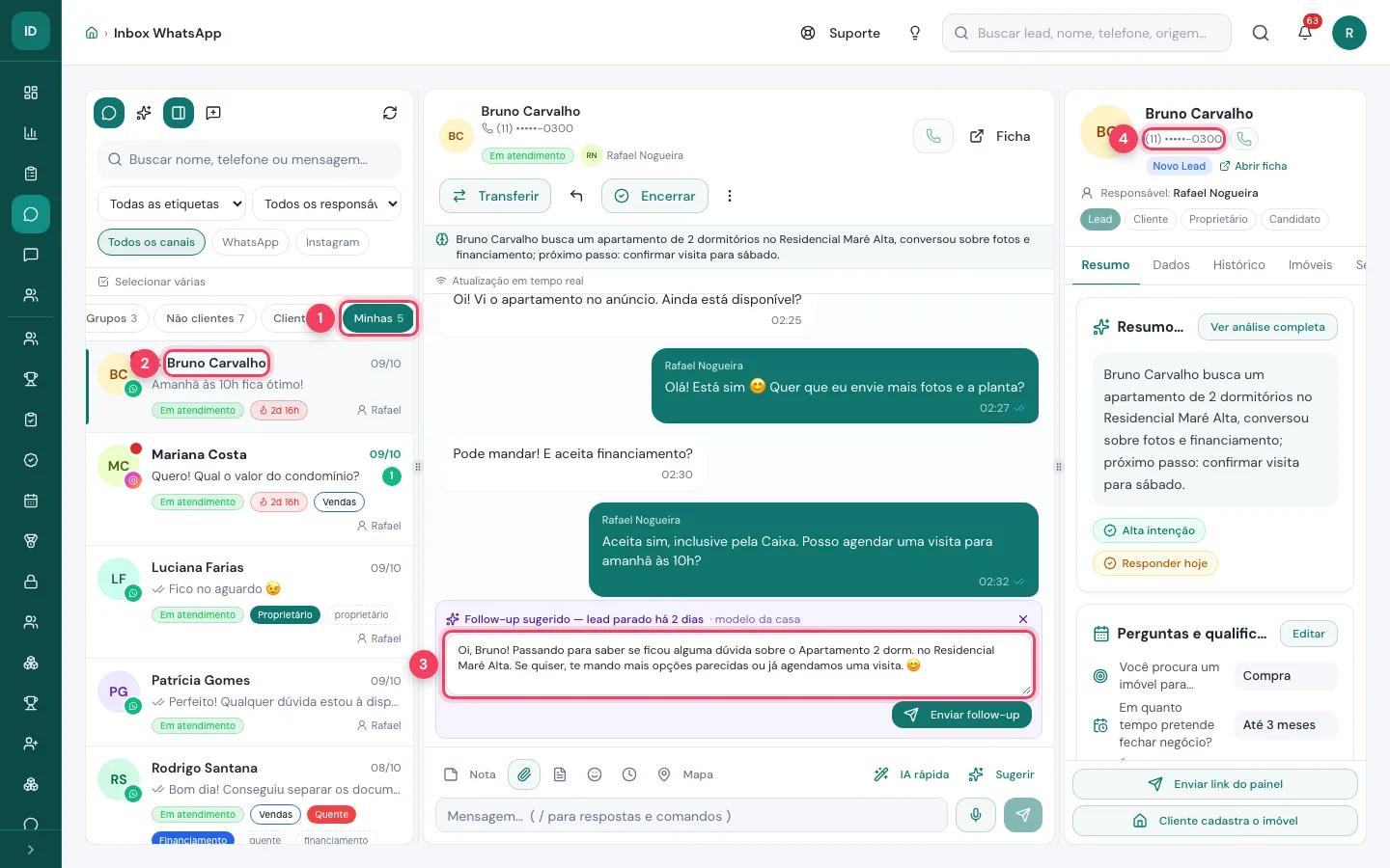 Inbox do corretor com a aba Minhas, uma conversa aberta, o follow-up sugerido e o telefone mascarado