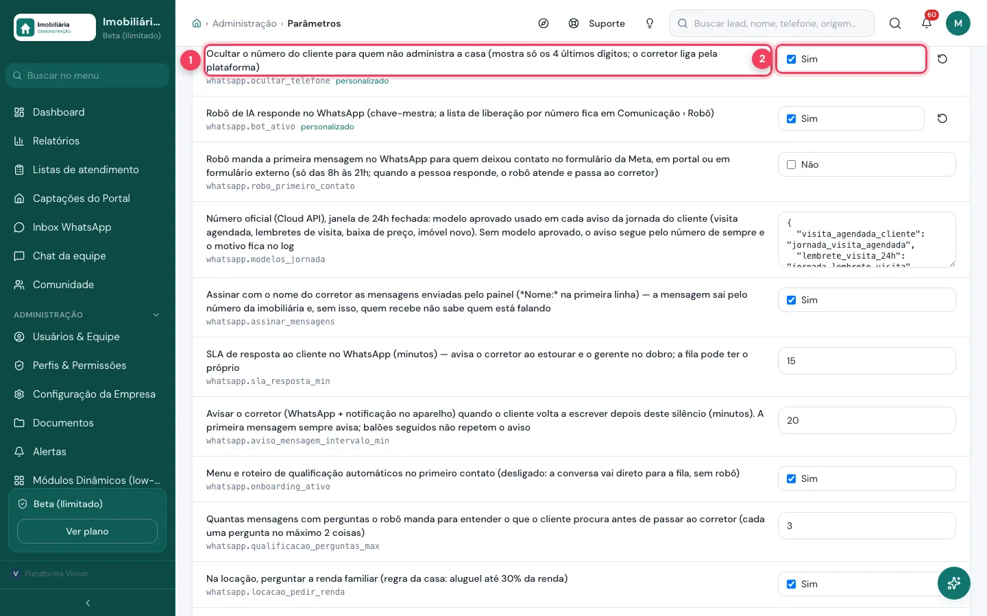Tela Parâmetros do dono, aba WhatsApp, com a opção de ocultar o número do cliente marcada como Sim