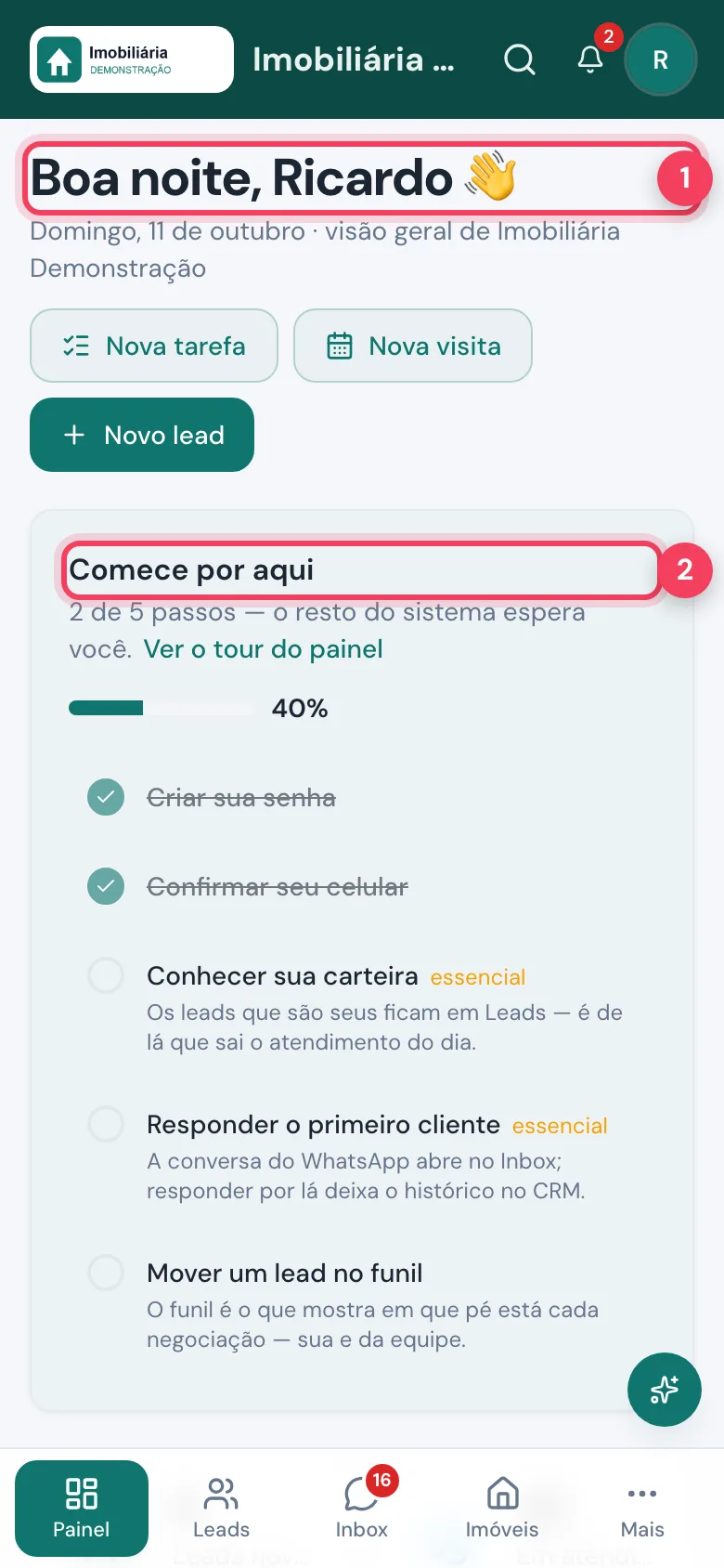 Início do painel do gerente no celular com a saudação e o Comece por aqui