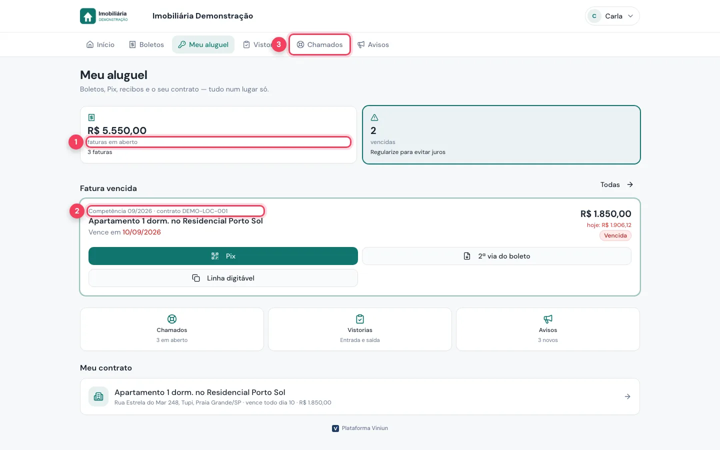 Painel do inquilino no computador com faturas em aberto, competência da fatura e menu Chamados marcados