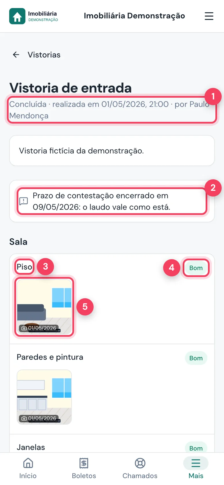 Laudo da vistoria de entrada com data e vistoriador, prazo de contestação, item, estado e foto marcados