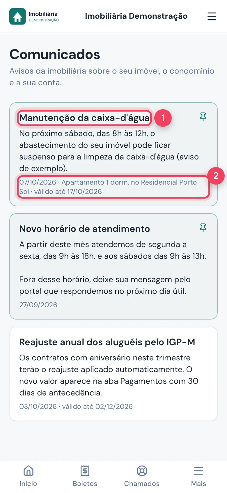 Comunicados com título do aviso e validade marcados