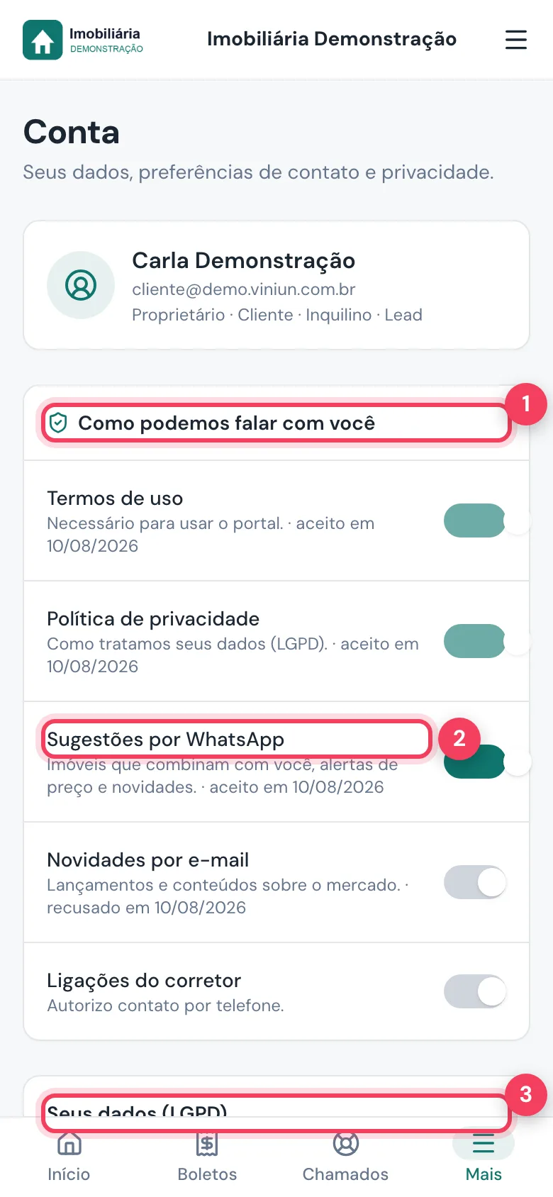 Tela Conta com preferências de contato, Sugestões por WhatsApp e Seus dados LGPD marcados