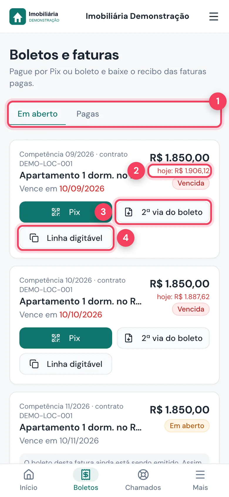 Lista Boletos e faturas com abas, valor atualizado, 2ª via do boleto e linha digitável marcados