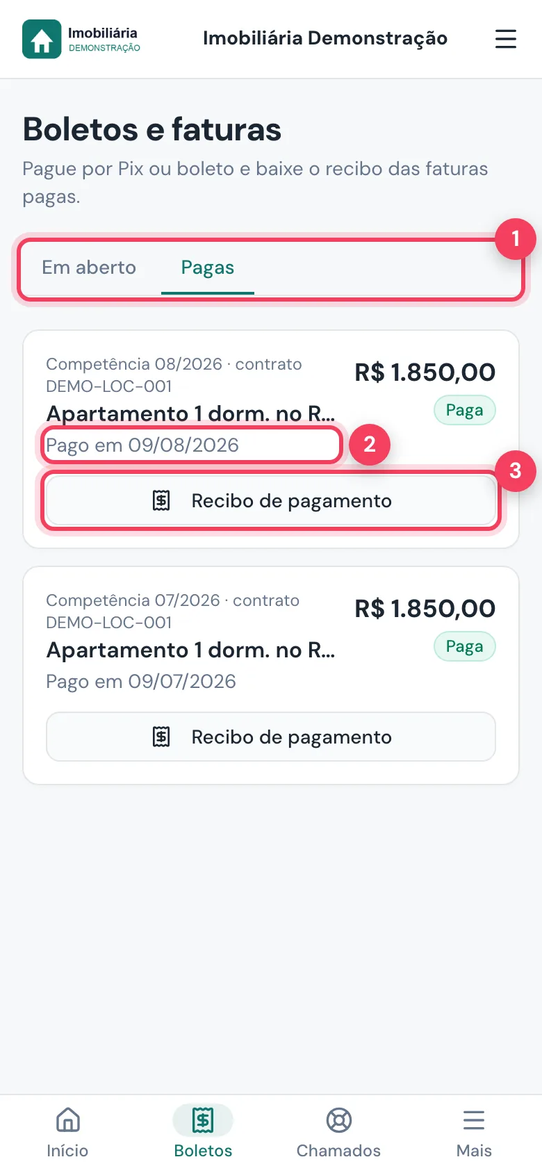Aba Pagas com data do pagamento e botão Recibo de pagamento marcados