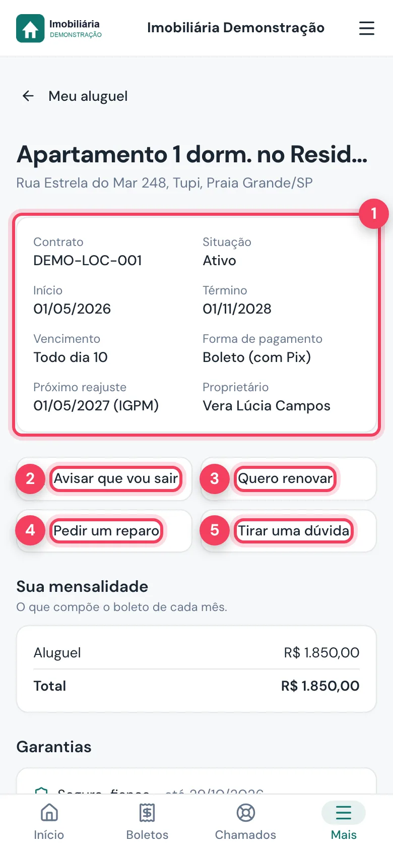 Página do contrato com dados do contrato e botões Avisar que vou sair, Quero renovar, Pedir um reparo e Tirar uma dúvida marcados