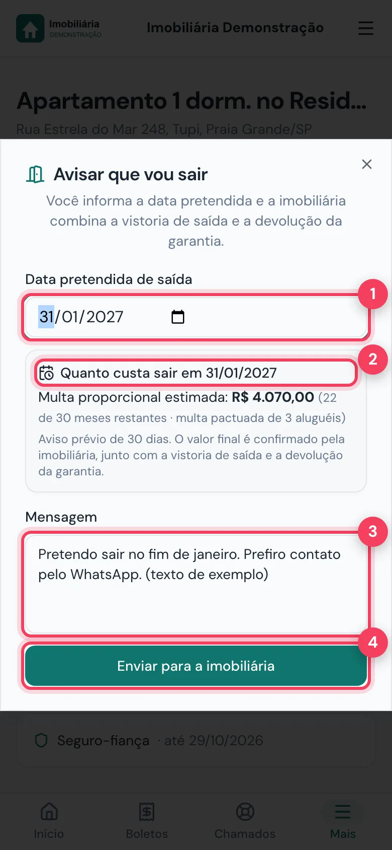 Janela Avisar que vou sair com data de saída, estimativa da multa, mensagem e botão Enviar para a imobiliária marcados