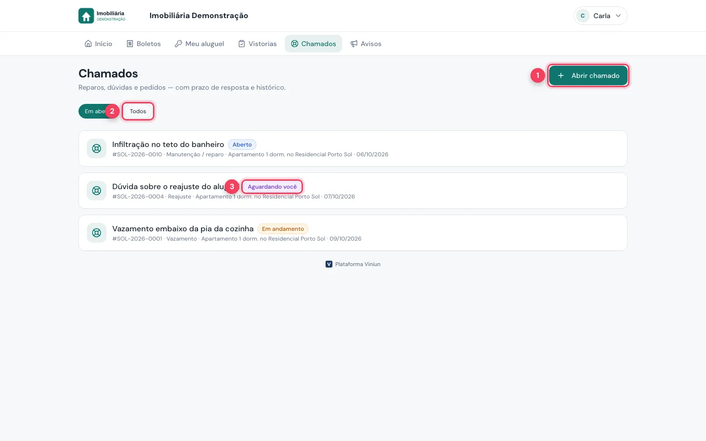 Chamados no computador com Abrir chamado, filtro Todos e situação Aguardando você marcados