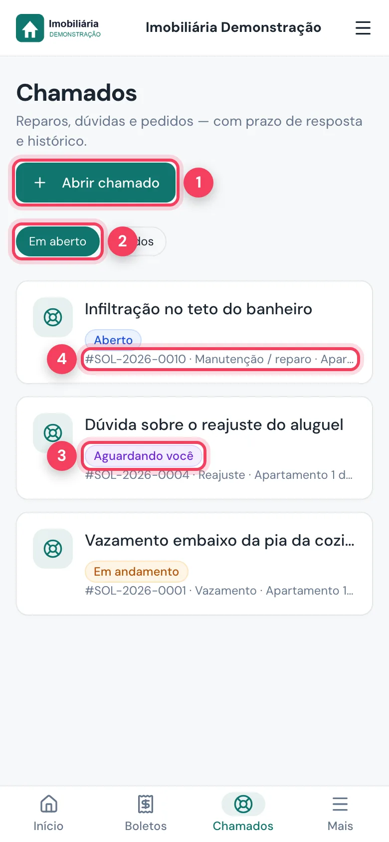 Lista de chamados com Abrir chamado, filtro Em aberto, situação Aguardando você e número do chamado marcados