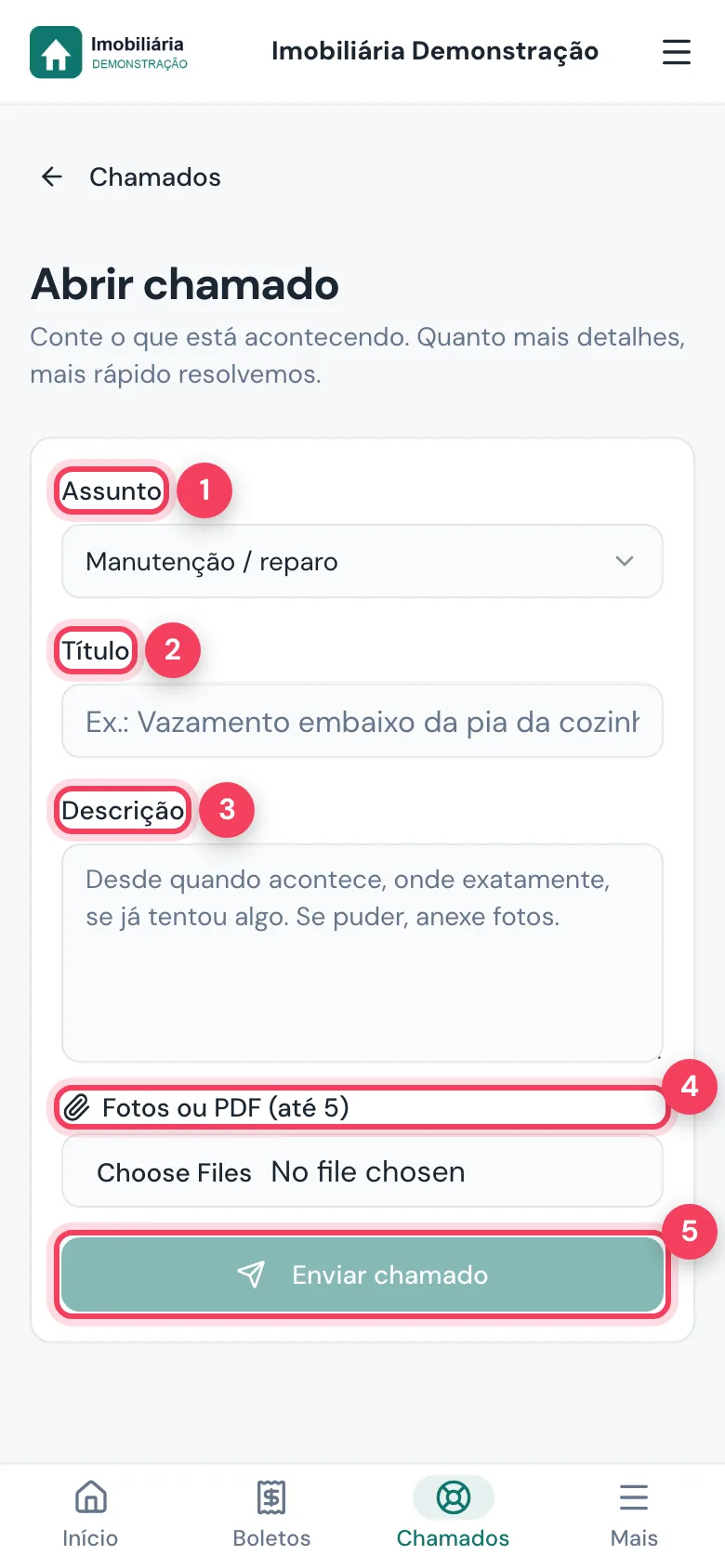 Formulário Abrir chamado com Assunto, Título, Descrição, Fotos ou PDF e Enviar chamado marcados
