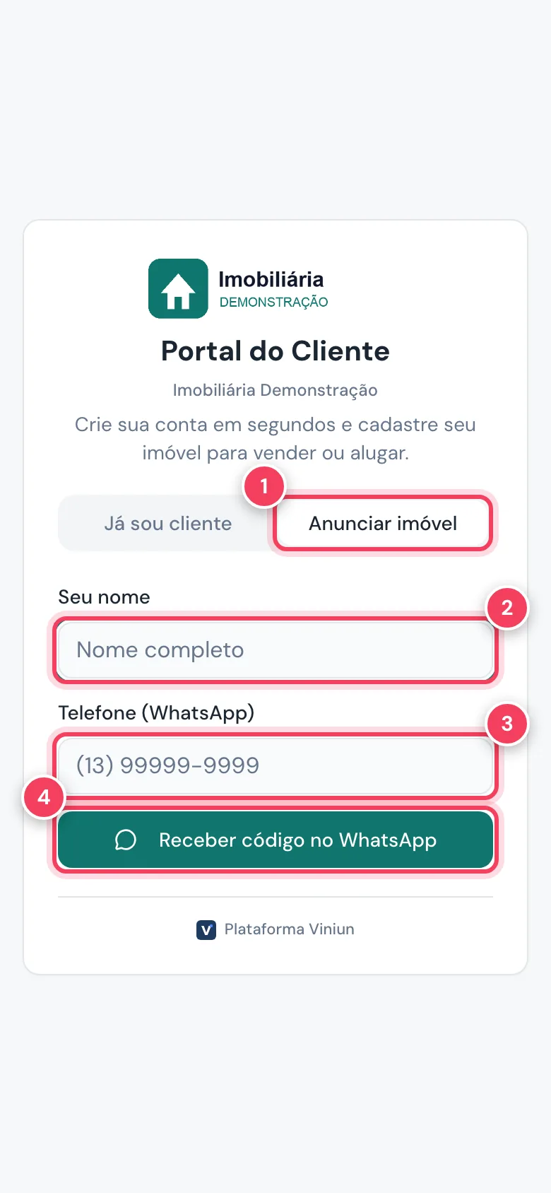 Tela de entrada com a aba Anunciar imóvel, os campos de nome e telefone e o botão Receber código no WhatsApp marcados