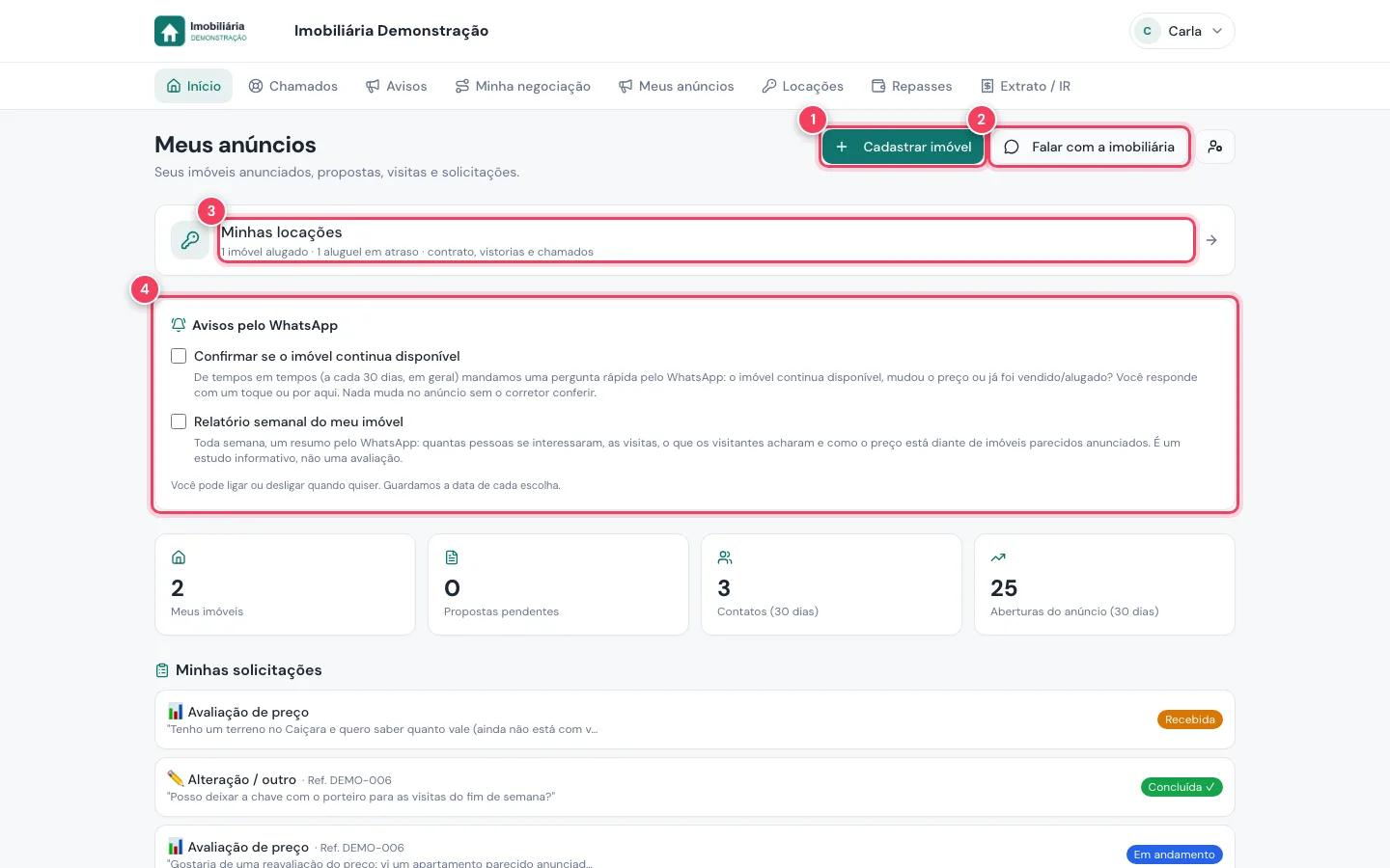Tela Meus anúncios no computador com os mesmos itens marcados e o menu completo no alto