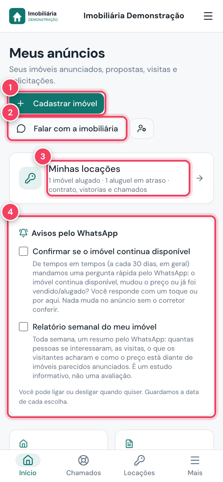 Tela Meus anúncios no celular com Cadastrar imóvel, Falar com a imobiliária, Minhas locações e Avisos pelo WhatsApp marcados