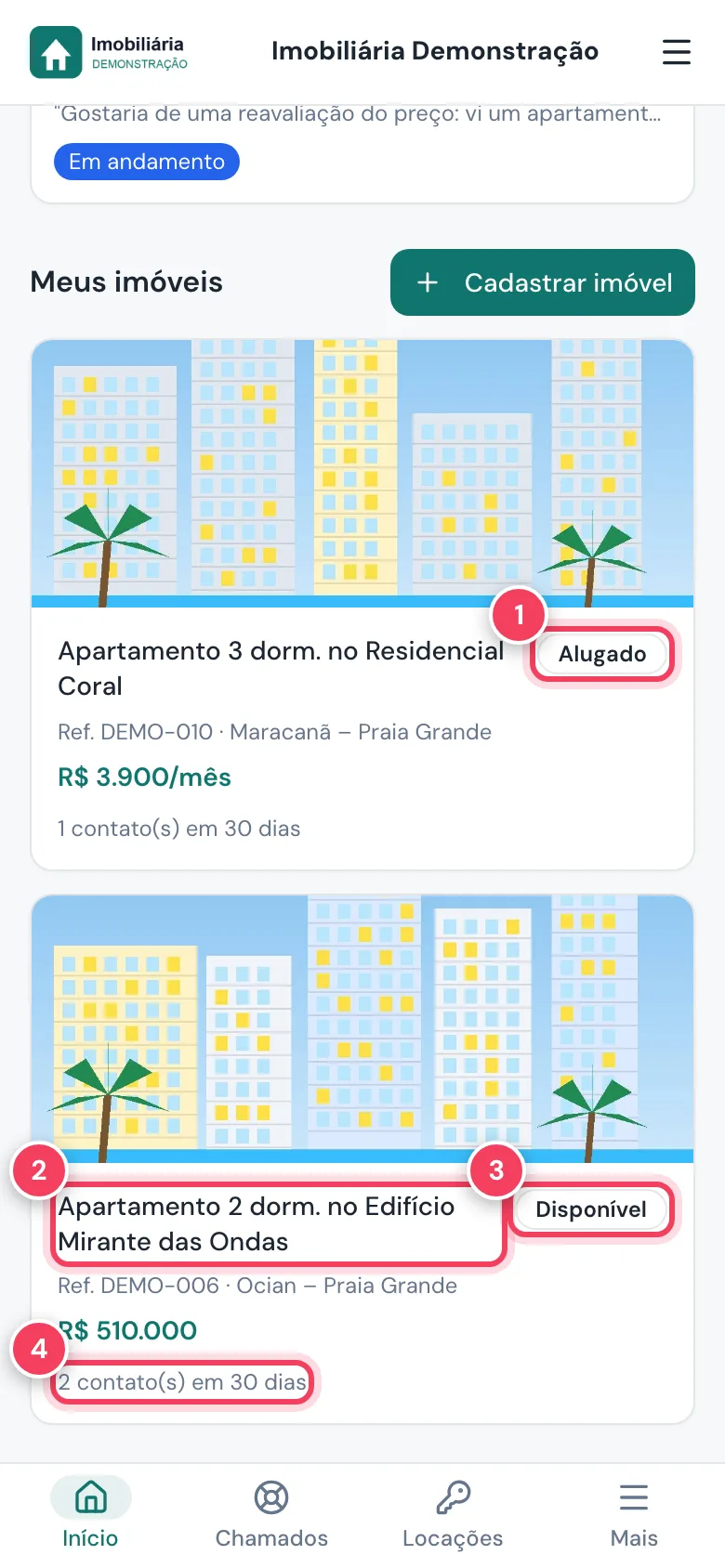 Lista Meus imóveis com as situações Alugado e Disponível, o nome do imóvel e os contatos em 30 dias marcados