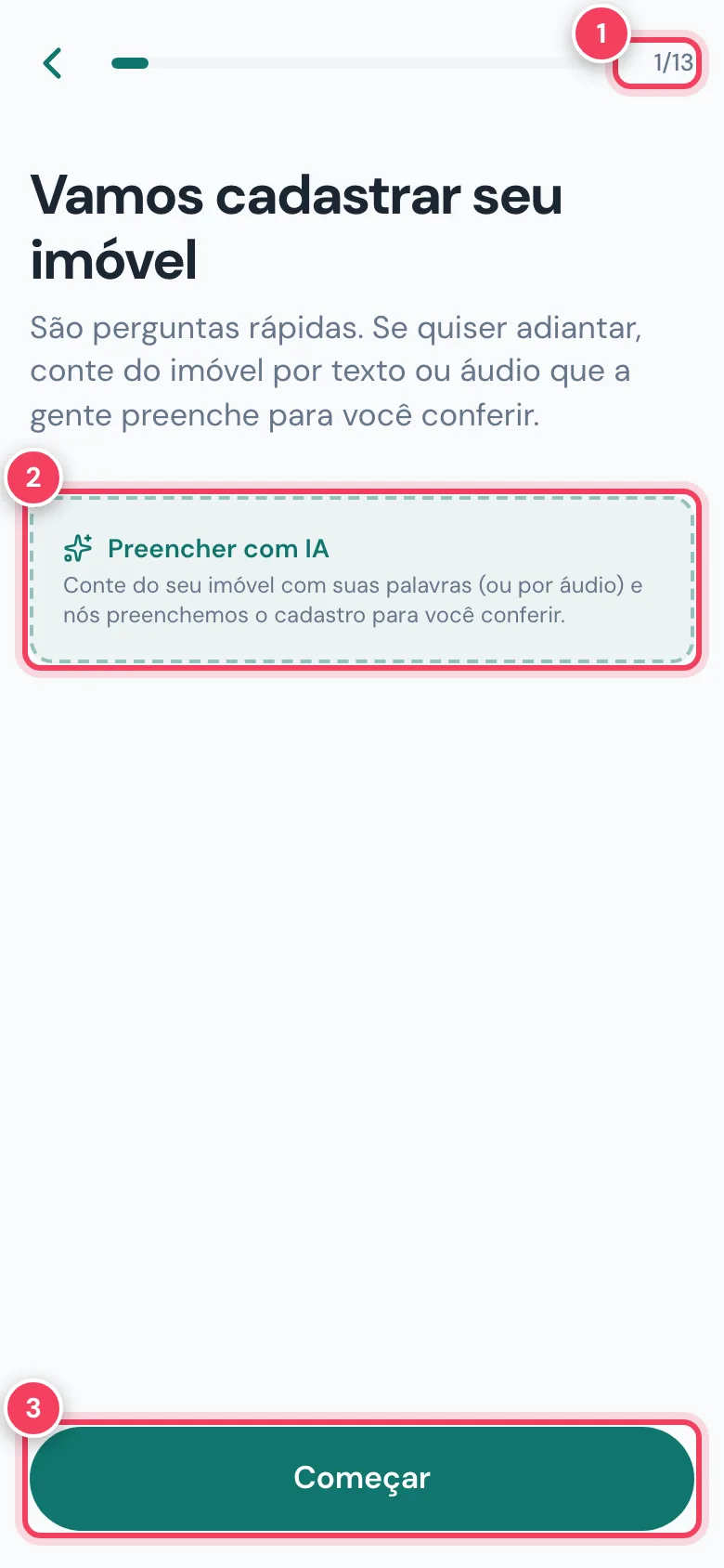 Primeira tela do cadastro de imóvel com o contador 1/13, o cartão Preencher com IA e o botão Começar marcados